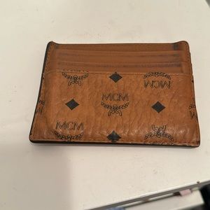 MCM Mens Womens Logo Monogram Leather  ID Wallet Holder Case tan